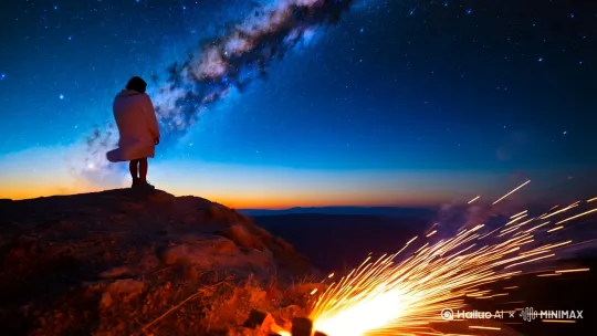画面:暮色中旅者背影立于山巅,衣袂翻飞;星空下篝火闪烁,火星升腾与银河相接
。
细节隐喻:特写掌心捧起麦粒与沙粒交融,象征自然与人生的交融。
结尾字幕:“云游山河处,答案藏于小满间” by Hailuo AI Video Generator