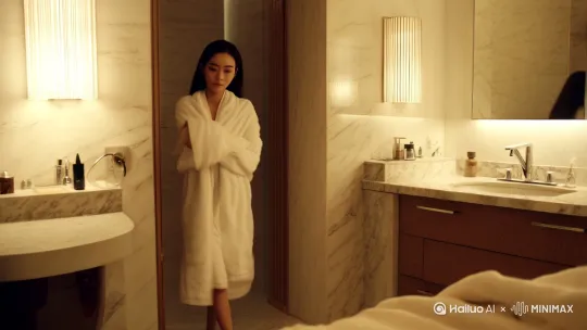 一位20岁的中国美女从浴室洗完澡出来，身上披着浴巾，脱下浴巾换上丝质长袍蕾丝睡衣上床睡觉，电影质感，电影运镜 by Hailuo AI Video Generator