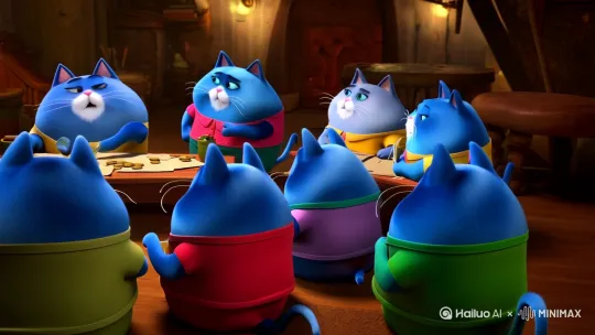 一群蓝色圆脸肥猫在拿着钱交电费 by Hailuo AI Video Generator