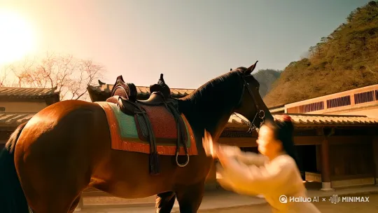 在一个中国农村的院子里，有一个大妈旁边有一匹骏马，大妈用中国功夫翻上马背，随即骏马驮着大妈瞬间跳上房顶，稳稳落地。 by Hailuo AI Video Generator