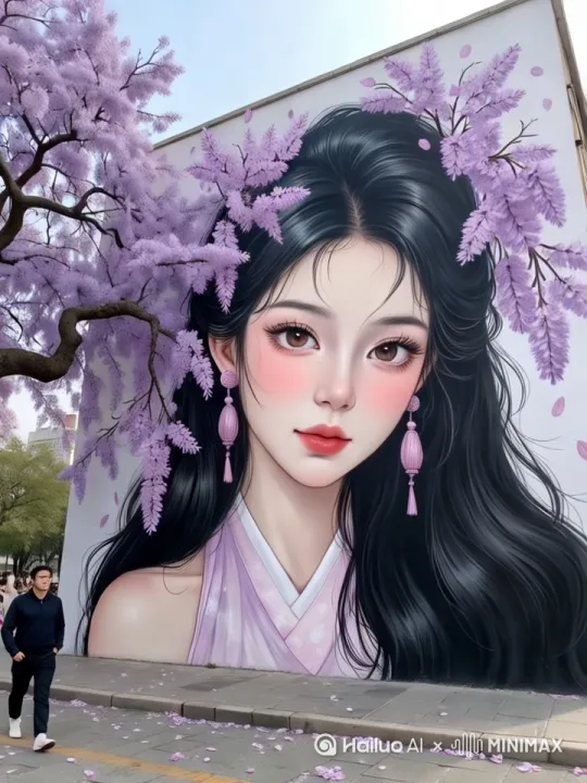 风阵阵吹过，花朵随风摇摆，花枝颤动，花瓣不停落下，右边街道行人走动，发丝随风飘起，女子仅眨右边眼睛并吐舌，作出一个俏皮动作，地上掉落许多花瓣，墙体不动，人物头部不动，运镜水平摇镜15[右移,左摇,跟随] by Hailuo AI Video Generator