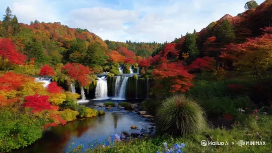 世外桃源，风景如画，枫叶，瀑布，小溪，花草树木，电影质感 by Hailuo AI Video Generator