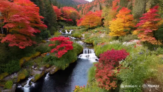 世外桃源，风景如画，枫叶，瀑布，小溪，花草树木，电影质感 by Hailuo AI Video Generator