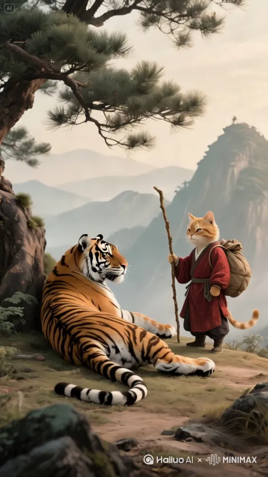 猫拿棍子敲晕了老虎 by Hailuo AI Video Generator