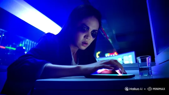 02 上海深夜格子间蓝光映照乌青眼圈,手机弹出考公信息 "特写镜头:女性手指在触控板滑动,屏幕反射焦虑眼神,冷色荧光与窗外霓虹形成赛博朋克式压抑,手机震动带动水杯涟漪" 赛博都市概念图 4s 固定机位+屏幕反光构图 现实挤压的窒息感
03 地铁站陈默采集墙缝水珠,试管折射星芒光影 "低角度跟拍:白大褂褶皱与高跟鞋倒影交错,试管折射地铁灯光形成星芒效果,手持拍摄模拟呼吸起伏,画面加入粒子光斑特效" 实验室光影参考 5s 动态跟随+光影交错 破茧时刻的共生感
04 《生态狂想曲》展览荧光装置与海藻生物共舞 "环绕运镜:再生塑料雕塑与生物荧光交织,人物行走触发粒子特效,慢动作捕捉海藻微光穿透全息投影的折射效果" 数字艺术装置图 8s 无人机360°环拍 科技艺术交融的震撼
05 洱海工作室林晚指导创作,陈默手稿随风翻页 "分屏构图:左侧油画笔触与右侧分子结构图同步延展,自然光穿过玻璃形成时间流逝光斑,纸张飘动衔接转场" 双重视觉参考图 10s 动态分屏+长镜头 时空交错的圆满感 by Hailuo AI Video Generator