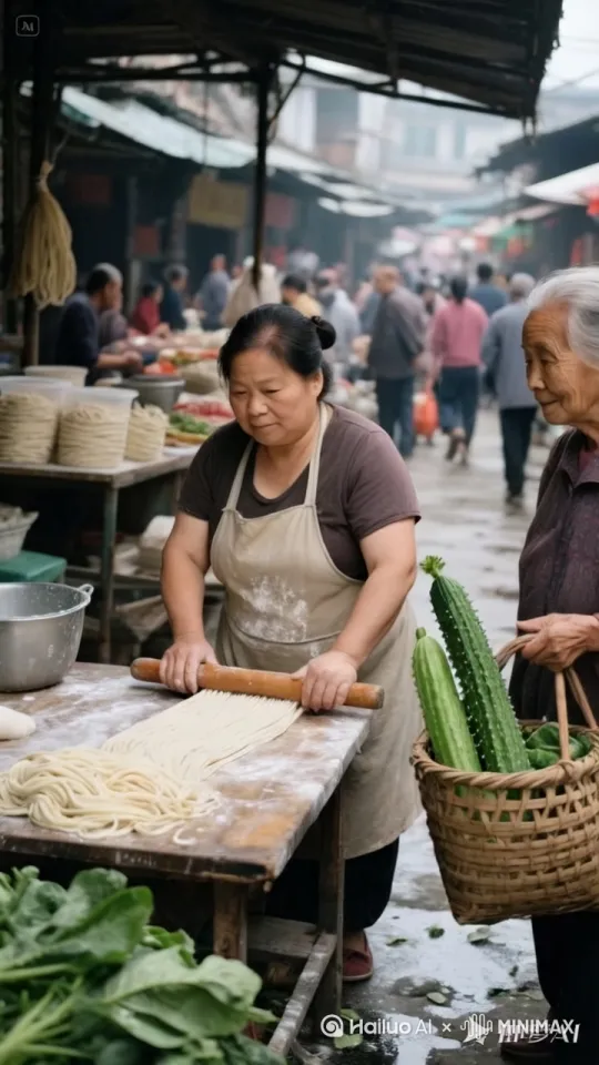 镜头移动,动态跟随,大妈与老奶奶一言不和,准备打架,大妈手持擀面杖,老奶奶从菜篮里拿出黄瓜,两人身姿轻盈,即将展开一场惊心动魄的中国功夫对决。大妈的人率先发动,好脚下轻点,身形如燕,瞬间跃至半空,手中擀面杖直刺而出,这一招融合了轻盈的轻功与各种棍法。老奶奶的人踏着奇异的步伐,侧身躲开攻击,同时手中黄瓜横扫,打出各种短棍招数,风声呼啸。大妈的人在空中一个翻转,借着轻功之力再次拔高,擀面杖自上而下猛砸,气势如虹,仿佛泰山压顶。老奶奶的人急速后退,脚步如行云流水,黄瓜向上一挡,发出 “砰” 的一声巨响,两人各自借力向后飘去。落地瞬间,两人再次弹起,如鬼魅般冲向对手,擀面杖左劈右砍,招式快如闪电。
两人的身影在场地里交错翻飞,轻功使得他们的动作更加飘逸灵动,他们各自施展奇妙的轻功身法,在狭小的空间内穿梭自如,手中擀面杖不时回击,角度刁钻,周围的人都围观过来,欢呼雀跃、拍手叫好 by Hailuo AI Video Generator