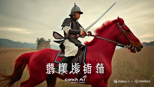 一位中国古代英俊潇洒十八岁左右男生，一身戎装，骑着火红战马，手持利刃，头戴盔甲，驰骋疆场。
要求中文写在图片下方空白处：海螺AI超级创作者，并有海螺AI logo标志。 by Hailuo AI Video Generator