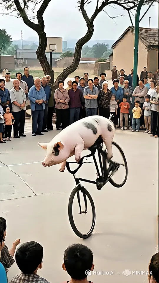 粉色母猪后蹄蹬动复古二八杠自行车，前蹄离把完成360°空中转体，鬃毛飞扬中精准穿越燃烧火圈，落地瞬间用猪鼻弹起三颗苹果并凌空咬住，周围想赶阵阵喝彩声。 by Hailuo AI Video Generator