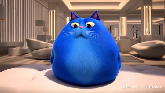 生成一只蓝色的胖猫让他呆在空调房说热死了 by Hailuo AI Video Generator