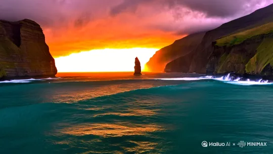 "Dramatic, realistic coastal scene with towering cliffs and a turbulent, deep teal ocean (cool tones) under a stormy, dramatic sky. A vibrant, warm sunset breaks through the clouds on the horizon, painting the wave crests and cliff edges with orange and pink light. Strong backlighting and rim lighting. Rhythmic crashing of waves. Eye-catching wide shot with a stark silhouette of a lone sea stack." by Hailuo AI Video Generator
