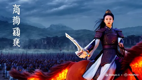 口中国的一往女巾帼英雄花不兰替父从军，身穿中国古代盔甲，箭袖！女扮男装，威武霸气！英俊潇洒！骑着一匹火龙战马，手执长戟！驰骋疆场！
图片空白处：海螺AI超级创作者，有海螺logo，中文字梓[右移,左摇,跟随] by Hailuo AI Video Generator