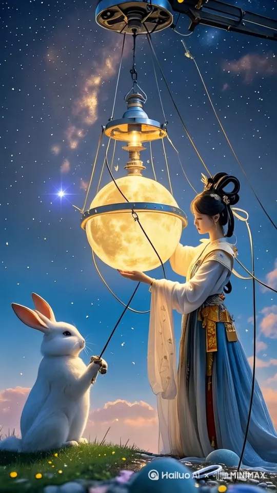 嫦娥正在维修月亮，月亮就像一个吊灯一闪一闪的好像要坏了一样 by Hailuo AI Video Generator