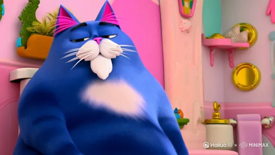 3D动画蓝色的胖猫，耳朵内侧是粉色的白色的胡子，粉色的鼻子，在马桶上上厕所 by Hailuo AI Video Generator