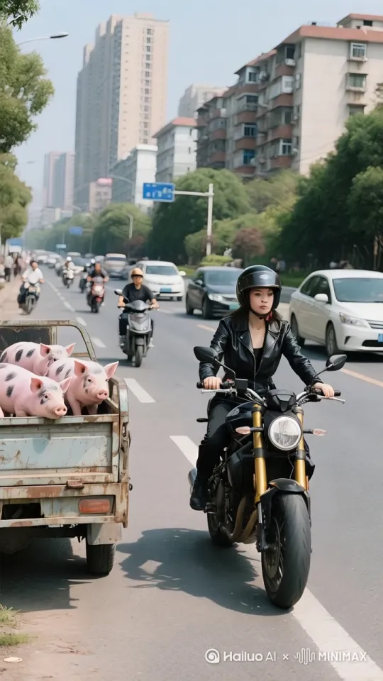 在农村热闹的集市口,一旁停着辆老旧的电动车。一头肥硕的母猪慢悠悠晃过来,只见它前蹄熟练地搭在车把,后蹄一蹬就骑了上去,周围赶大集的村民都惊得张大嘴巴。生成动态词:母猪扭动着圆滚滚的身子,笨拙却迅速地扭动钥匙,电动车歪歪扭扭地向前冲去,村民们追在后面大喊。 by Hailuo AI Video Generator
