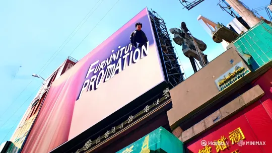 [下降,上摇]镜头从一块写着“家具促销”的广告牌上下降，成龙从店门外急匆匆地跑酷进店，身后一群黑帮追来，镜头最后落在成龙的脸上，焦急的情绪变成得意的情绪 by Hailuo AI Video Generator