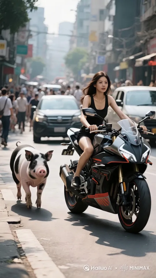 小猪用熟练的动作，前腿一抬，一个飞跃，跳到美女摩托车的后座上，旁边的人惊讶不已，美女惊吓到了，摩托车飞快的速度 by Hailuo AI Video Generator