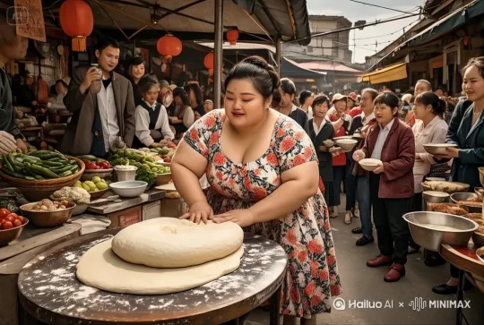 美女原地快速旋转，疯狂旋转面团，瞬间变成一根的拉面，围绕着美女周围的人都瞪大了眼睛，满脸惊叹，有的有的不禁 by Hailuo AI Video Generator