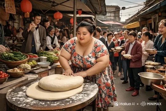 美女原地快速旋转，疯狂旋转面团，瞬间变成一根的拉面，围绕着美女周围的人都瞪大了眼睛，满脸惊叹，有的有的不禁 by Hailuo AI Video Generator