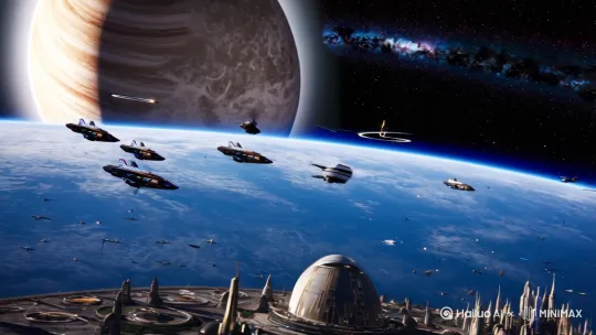 一段星际穿越的场景，里面的星球有星环，有卫星，也有星际飞船穿梭，还有未来太空城市，城市里都是未来的各种建筑和未来的交通工具。 by Hailuo AI Video Generator