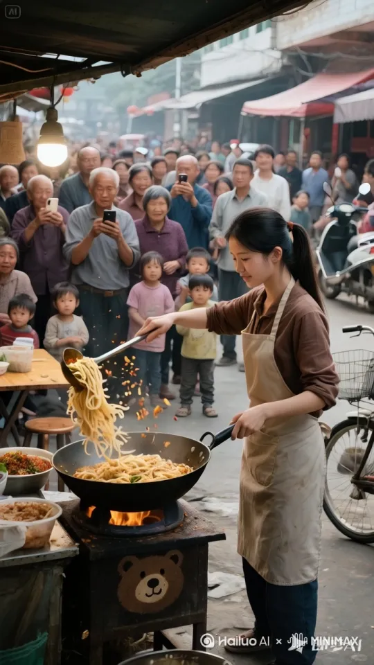 美女宛如功夫高手降临。只见美女猛地高高跃起进行托马斯回旋，同时双手如闪电般举起大锅在空中急速翻转，同时操起锅铲以排山倒海之势大力翻炒锅中食材，食材瞬间如五彩的流星在铁锅的上空翻滚跳跃。接着，美女一个金鸡独立，单腿稳稳支撑，另一条腿高高抬起，手中锅铲左右开弓，带起呼呼风声，锅铲与铁锅碰撞出火花，火光四溅。周围围满了前来参加喜宴的村民，男女老少都瞪大了眼睛，满脸惊叹，有的张大嘴巴，有的不禁拍手叫好。 by Hailuo AI Video Generator