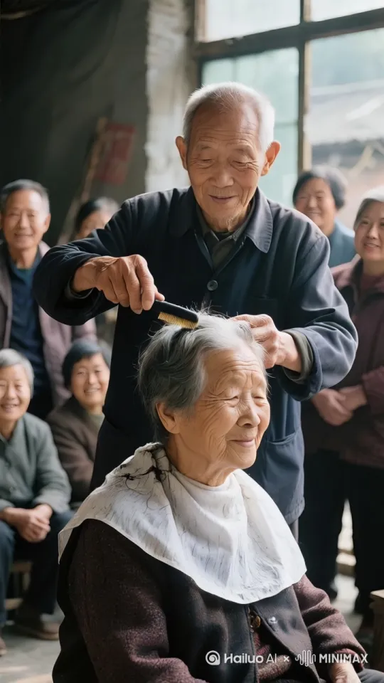 老爷爷给老奶奶理发，突然跳起来老给奶奶的头发理出很长的彩虹，老奶奶惊讶的直跺脚甩手，众人齐鼓掌 by Hailuo AI Video Generator