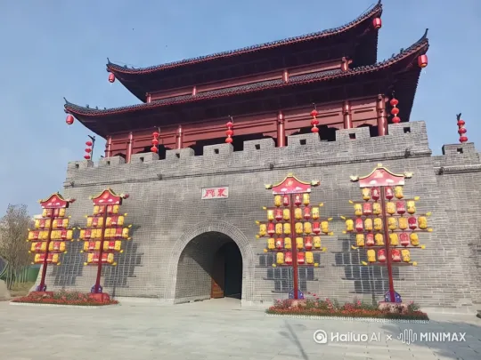 竹山县，上庸大东门，将军，士兵，战马，战旗飘飘 by Hailuo AI Video Generator