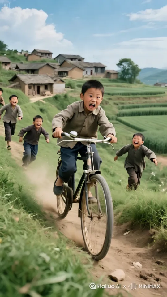 起始跟拍，乡村小路上以低角度从侧面跟拍骑车小孩，骑车小孩发现刹车失灵，瞬间瞪大双眼，表情惊恐。小伙伴们一边喊“哇塞，火箭发射啦”，一边在后面撒丫子狂追。镜头移动，动态跟随，凸显骑车小孩风风火火的模样，展现自行车因刹车失灵速度很快，制造紧张感。 by Hailuo AI Video Generator