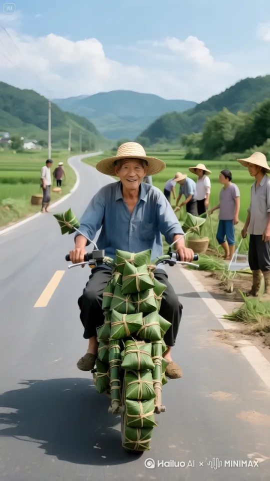 镜头移动，动态跟随。大爷开着这辆车往前行驶，公路两边的村民停下手中的活儿，纷纷鼓掌，突然，绑在车上的粽子哗啦落下，村民哄笑 by Hailuo AI Video Generator