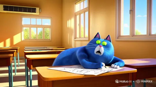 场景：洒满阳光的教室，空调正在吹着。
人物介绍：蓝色胖猫 黑色胖猫是蓝色胖猫追粉色母猫的军师 粉色的母猫是蓝色胖猫喜欢的对象
剧情：蓝色的胖猫正趴在前面第二排靠窗的课桌前奋笔疾书，爪垫沾满墨水 突然一个黑色的猫踹开后门[嘭！教室铁门撞在墙垛发出巨响]，手里拎着一袋零食，粉色母猫提着同款零食袋踉跄跟进。“哦，原来军师跟着小粉猫约会去了”黑猫参谋走到蓝色胖猫前炫耀他们的零食给蓝色胖猫吃，蓝色胖猫："你说去刺探敌情...""...结果带着我的战术目标去便利店约会？"黑猫参谋哈哈大笑便不理蓝色胖猫找了张课桌疲劳的睡着了 （视频添加声音） by Hailuo AI Video Generator