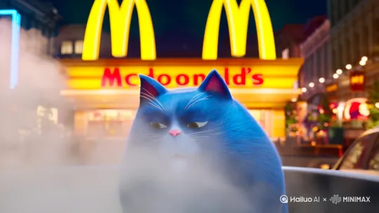 肥胖的蓝猫从蒸笼里出来变成麦当劳 by Hailuo AI Video Generator