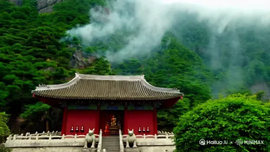 《七律·静安寺》
古刹深藏翠嶂间，
香烟袅袅绕云鬟。
飞檐斗拱承唐韵，古柏苍松隐佛颜。
殿角铜铃传梵语，山门石兽守尘寰。
一炉心火明如月，照彻红尘万万千。 by Hailuo AI Video Generator