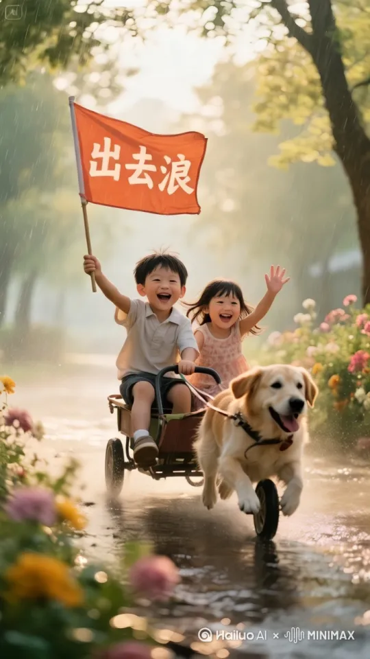 小男孩拿着小男孩拿着旗子不停地挥着，小女孩也挥挥手，又拍拍手，小狗狗拉着车子，飞奔着在森林里跑着 by Hailuo AI Video Generator