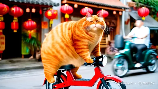 真实摄影，高质量，超清画质，一只圆滚滚的橘猫（体重200斤）骑在红色两轮电动车上，戴着白色头盔，爪子紧握手把，双脚平放踏板，圆胖身体与纤细车架形成夸张对比。猫耳微垂，胡须轻颤，眯眼露出惬意表情，橘色短毛在晨光中泛着暖光，毛发根根分明富有质感。背景为清晨繁华的中国市集街道，两侧中式商铺挂着红灯笼和木质招牌，行人撑着油纸伞匆匆走过。采用侧前方机位平视拍摄，标准镜头焦距50mm，浅景深虚化背景并加入动态模糊，突出主体运动感。自然光下暖色调渲染，明暗对比增强画面戏剧张力，店铺灯笼高光与猫毛反光形成视觉焦点。整体呈现现实主义风格，8K超清画质捕捉电动车金属反光、猫爪肉垫纹理等细节。专业构图，达芬奇大师后期调色 by Hailuo AI Video Generator