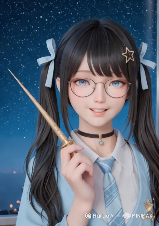 女孩摇动手腕，挥舞着魔棒，发光的星星特效跟着魔杖移动。[固定镜头] by Hailuo AI Video Generator