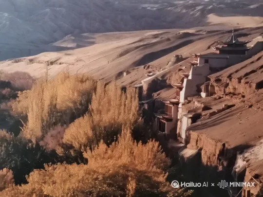 大漠苍凉，一束光从右上射到莫高窟楼，雄鹰飞过 by Hailuo AI Video Generator