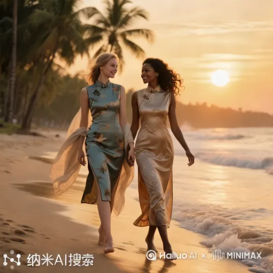精致中式旗袍，欧美白人美女与非洲黑人美女携手漫步夕阳沙滩，高挑身段曲线玲珑，杏仁眼高鼻梁樱桃唇，微卷长发随风轻扬，手挽真丝披肩，赤足踩浪优雅浅笑，背景椰林晚霞，侧光拍摄突出立体五官与丝绸光泽，4K电影质感暖黄调 by Hailuo AI Video Generator