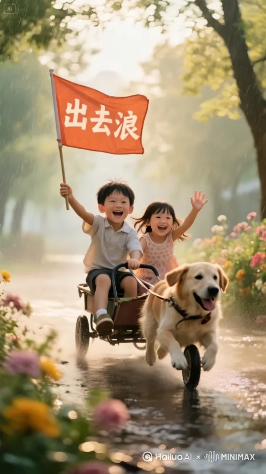 小男孩拿着小男孩拿着旗子不停地挥着，小女孩也挥挥手，又拍拍手，小狗狗拉着车子，飞奔着在森林里跑着。一路小狗拉着车子跑，路边有小兔子、小松鼠、小猴子们看着欢呼着 by Hailuo AI Video Generator