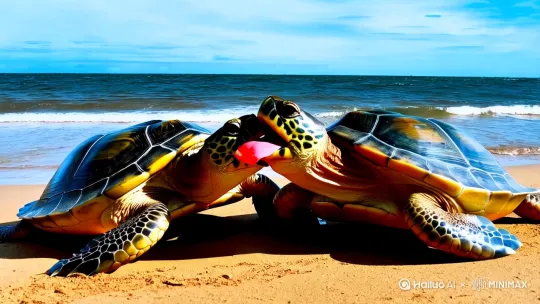 两只老乌龟在大海的沙滩边秀恩爱。海浪打在身上。[推出,上升,下摇]嘴对着嘴。伸出大红舌头好像有着大舌头。。互相舔着亲吻。发出咯吱咯吱的叫声。图图片清晰，真实度非常高。 by Hailuo AI Video Generator