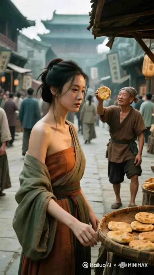 手摆放着烧饼，人物慢慢朝人多的地方转身 by Hailuo AI Video Generator