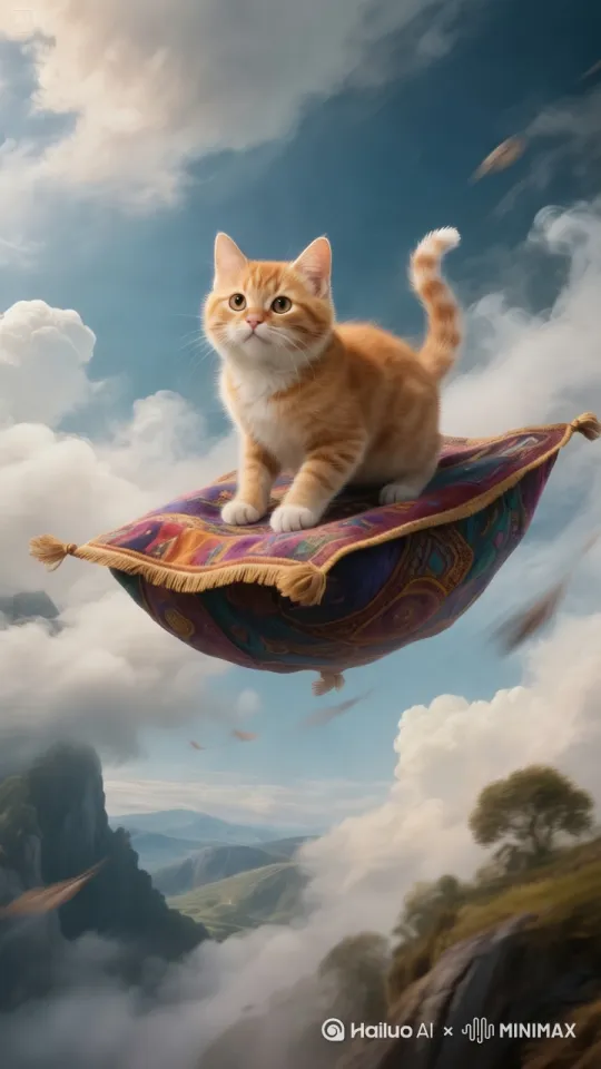 真实摄影，高质量，超清画质，一只可爱的小橘猫，稳坐在绚丽的飞天魔毯上，脸上带着好奇的神情，魔毯在空中急速飞行，周围是飘动的云雾，以长焦镜头、3/4 构图展现主体，画面充满奇幻氛围，采用奇幻风格绘制，呈现出高分辨率、细节丰富的画面，专业构图达芬奇大师后期调色 by Hailuo AI Video Generator