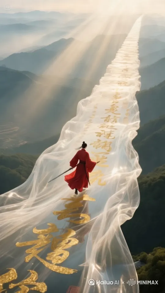 丝路飘飘，人物顺者丝绸路向前走去，[推进,上升]，走去[推进,上升]走向前方，[跟随] by Hailuo AI Video Generator