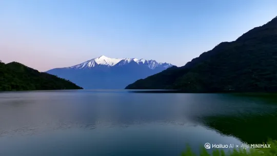 [右移,左摇,跟随]我站在傍晚的洱海边上，眺望远处的苍山，苍山上顶覆盖着白雪 by Hailuo AI Video Generator