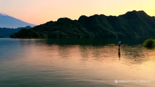 [右移,左摇,跟随]我站在傍晚的洱海边上，眺望远处的苍山，苍山上顶覆盖着白雪 by Hailuo AI Video Generator