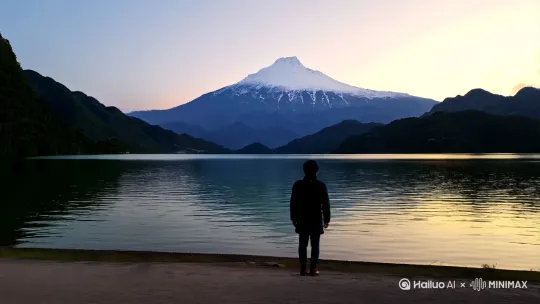 [右移,左摇,跟随]我站在傍晚的洱海边上，眺望远处的苍山，苍山上顶覆盖着白雪 by Hailuo AI Video Generator