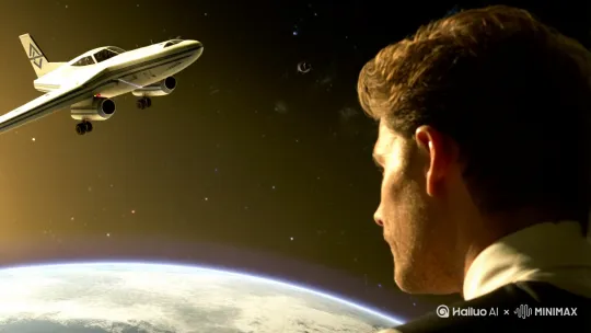 宇宙飞船在太空 发射一道激光 射向地球 。 这时出现个黑洞  传送出 机器人 挡住了激光 。  然后 传送过来了无数太空战机 。 要求科幻  高级 未来感 强 ，视频 5 分钟 by Hailuo AI Video Generator