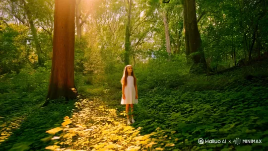 3清晨的阳光小树林的优静小姑娘的美 by Hailuo AI Video Generator