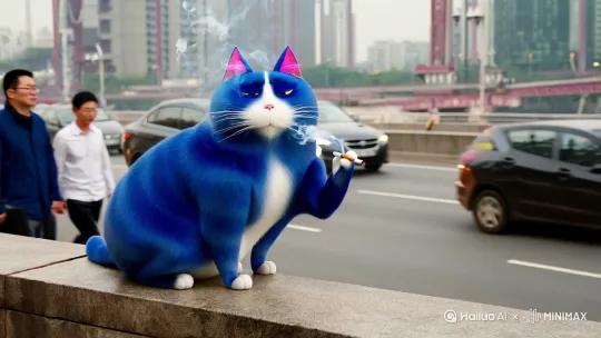 一只胖胖的白色鼻子，粉色耳朵的浑身蓝色的猫咪右手靠在武汉大桥上，左手拿着一根烟在抽，神情悲伤，周围有车和行人走过 by Hailuo AI Video Generator