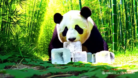 夏季，烈日炎炎，熊猫在竹林里啃冰块，冰块很白，透明的，熊猫憨态可掬 by Hailuo AI Video Generator