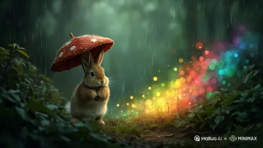 "滴答滴答，下雨啦！小兔子撑着蘑菇伞出门玩，走着走着，它发现路边的草丛里，有一把闪着光的彩虹雨伞。 by Hailuo AI Video Generator