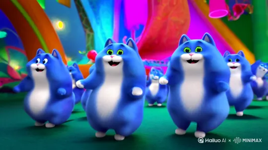 一群蓝色胖猫在任意位置欢快的蹦哒，跳舞，不亦乐乎 by Hailuo AI Video Generator